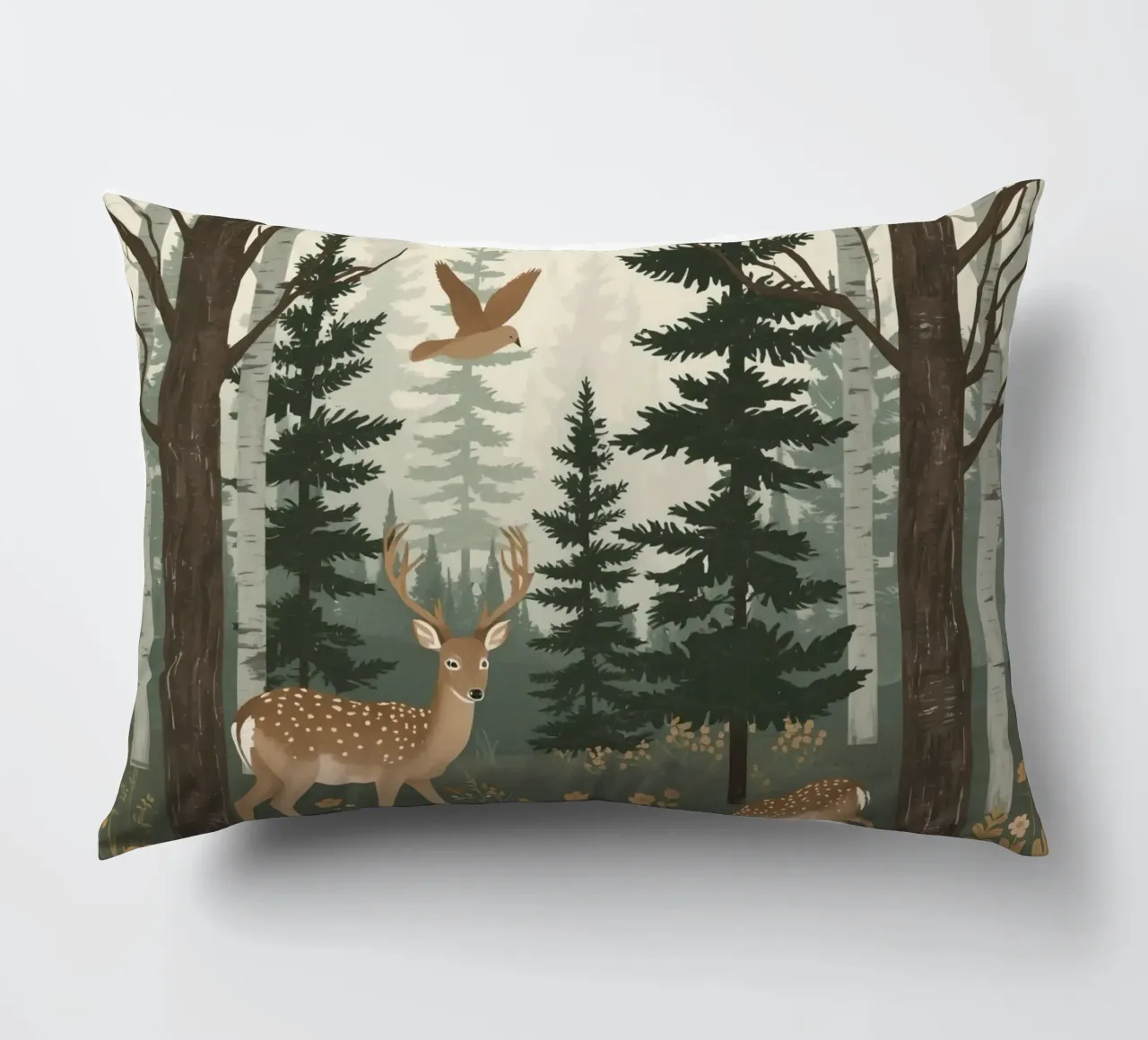 Raffigurazione di due cervi con uccelli in volo in una foresta cuscino da DesignDoodle