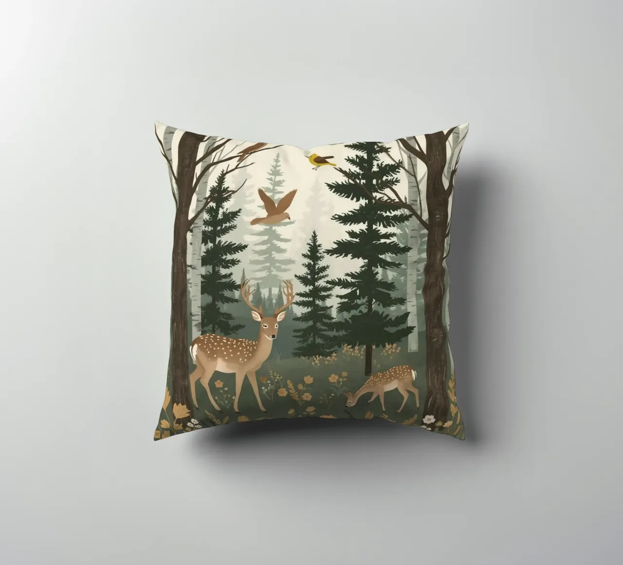 Raffigurazione di due cervi con uccelli in volo in una foresta cuscino da DesignDoodle