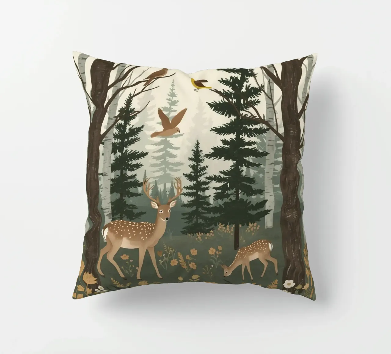 Raffigurazione di due cervi con uccelli in volo in una foresta cuscino da DesignDoodle