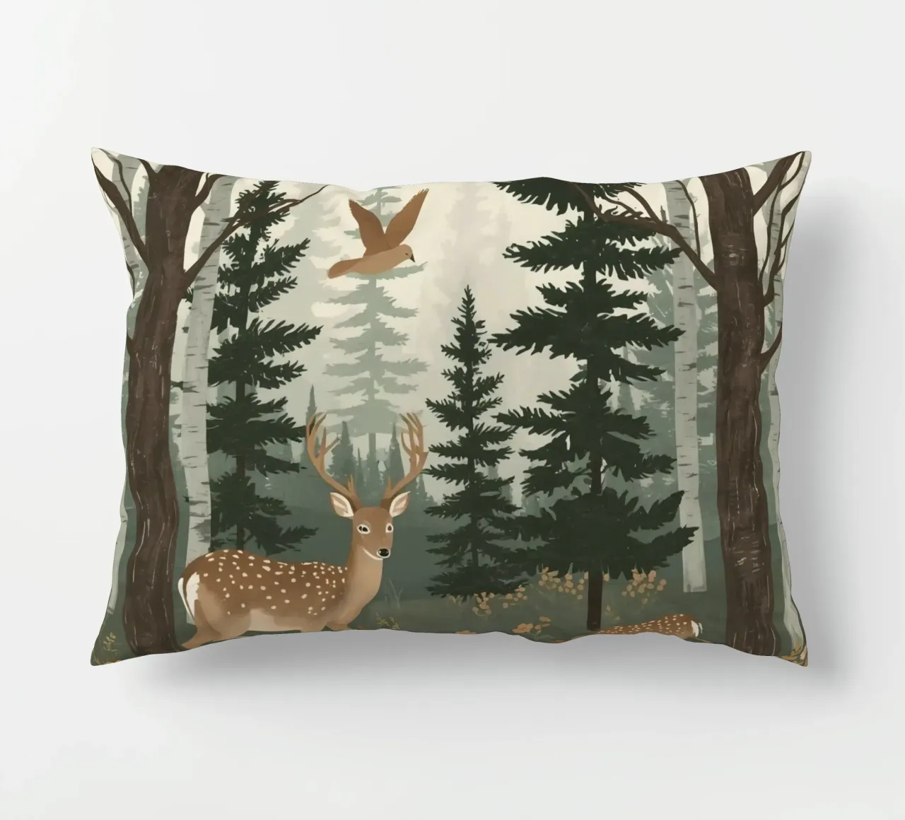 Raffigurazione di due cervi con uccelli in volo in una foresta cuscino da DesignDoodle