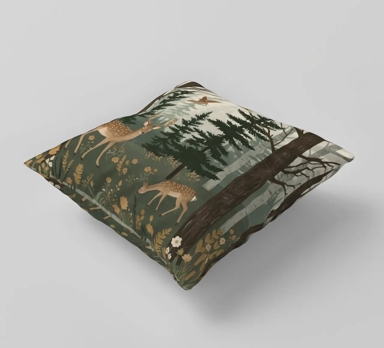 Raffigurazione di due cervi con uccelli in volo in una foresta cuscino da DesignDoodle
