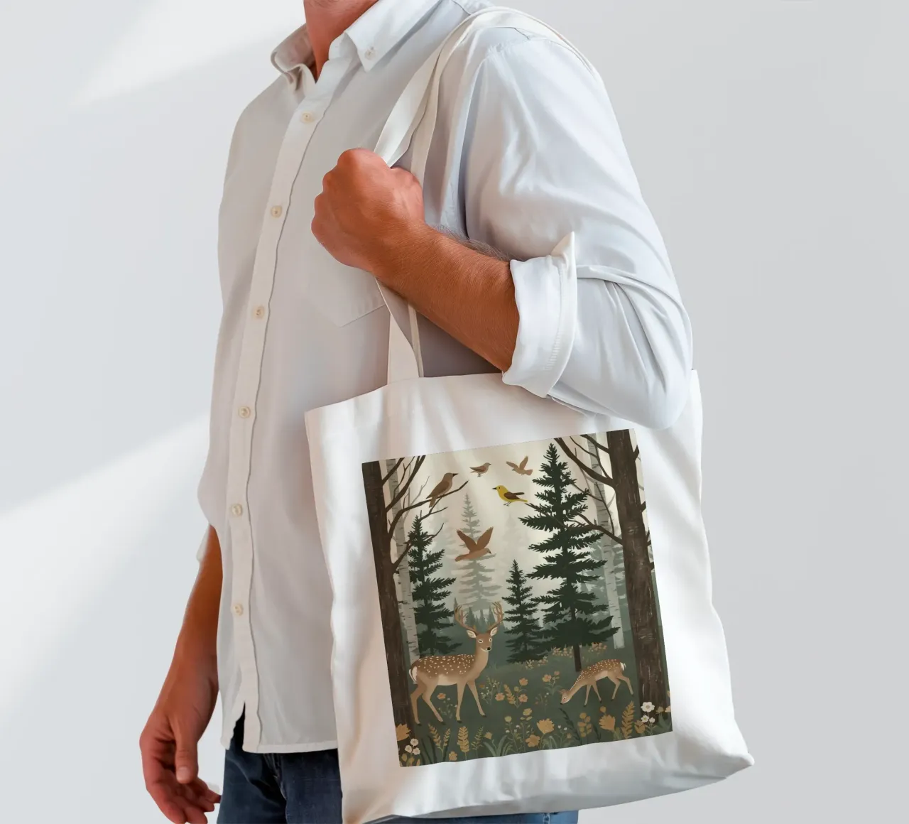 Raffigurazione di due cervi con uccelli in volo in una foresta borsa in juta da DesignDoodle