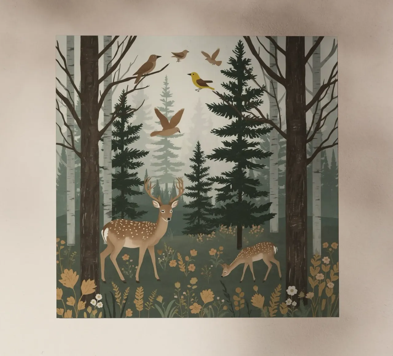 Raffigurazione di due cervi con uccelli in volo in una foresta pellicola backlit da DesignDoodle
