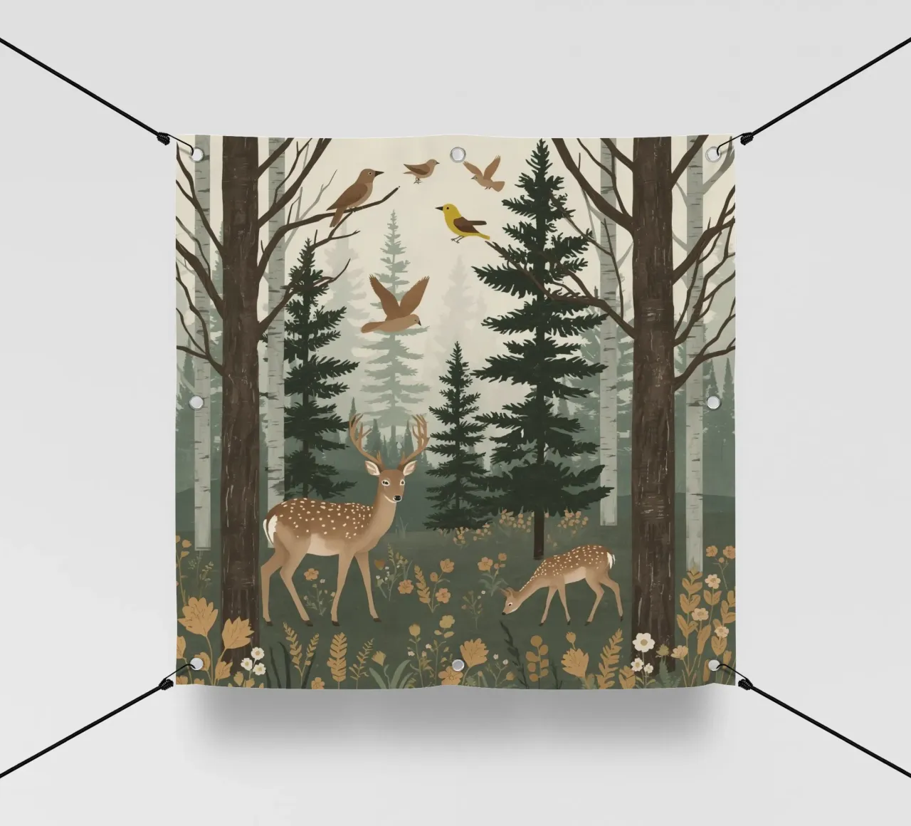 Raffigurazione di due cervi con uccelli in volo in una foresta telo in pvc da DesignDoodle