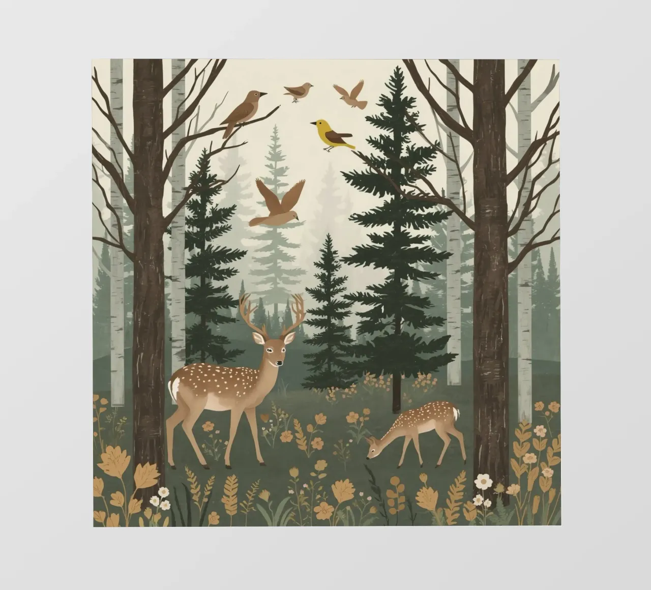 Raffigurazione di due cervi con uccelli in volo in una foresta telo in pvc da DesignDoodle