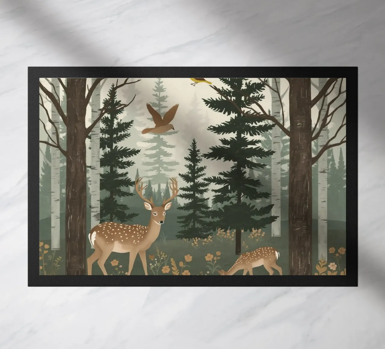 Raffigurazione di due cervi con uccelli in volo in una foresta zerbino da DesignDoodle