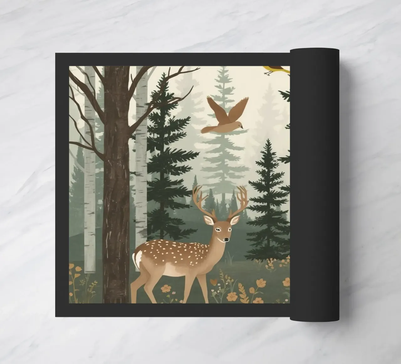 Raffigurazione di due cervi con uccelli in volo in una foresta zerbino da DesignDoodle