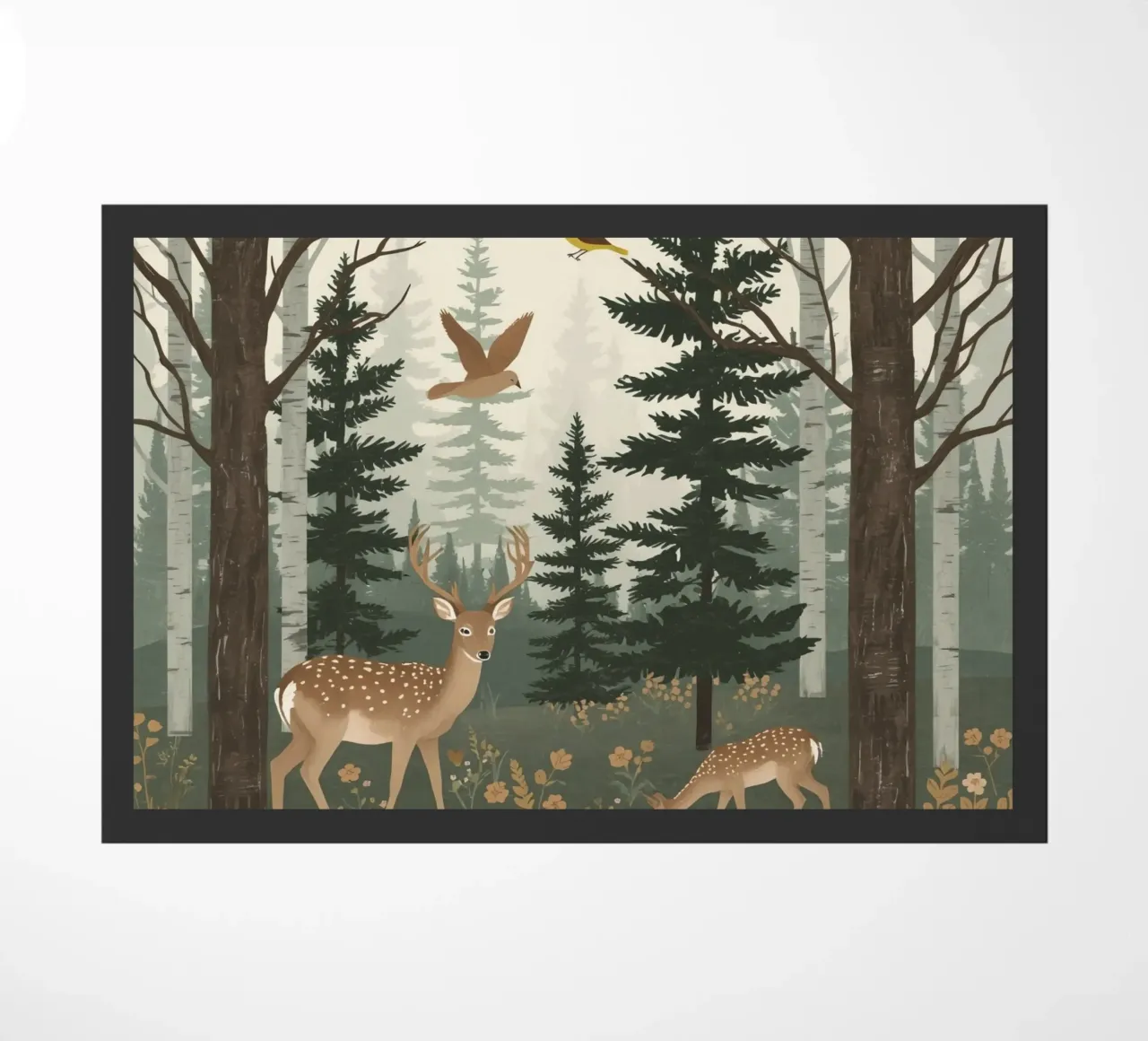 Raffigurazione di due cervi con uccelli in volo in una foresta zerbino da DesignDoodle