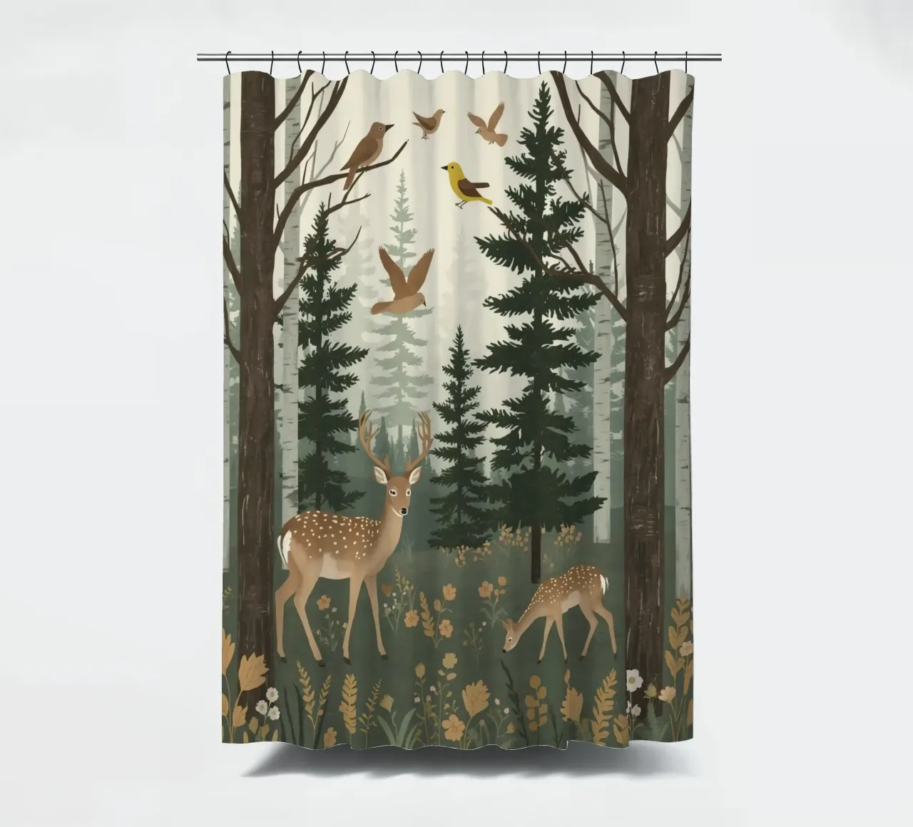 Raffigurazione di due cervi con uccelli in volo in una foresta tenda da doccia da DesignDoodle