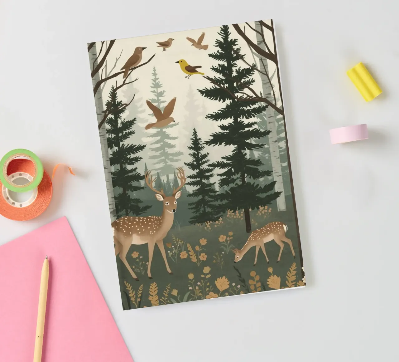 Raffigurazione di due cervi con uccelli in volo in una foresta diario da DesignDoodle