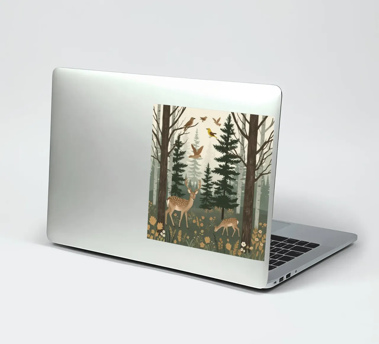 Raffigurazione di due cervi con uccelli in volo in una foresta adesivo da DesignDoodle