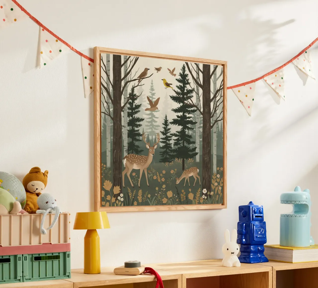 Raffigurazione di due cervi con uccelli in volo in una foresta plexiglass da DesignDoodle