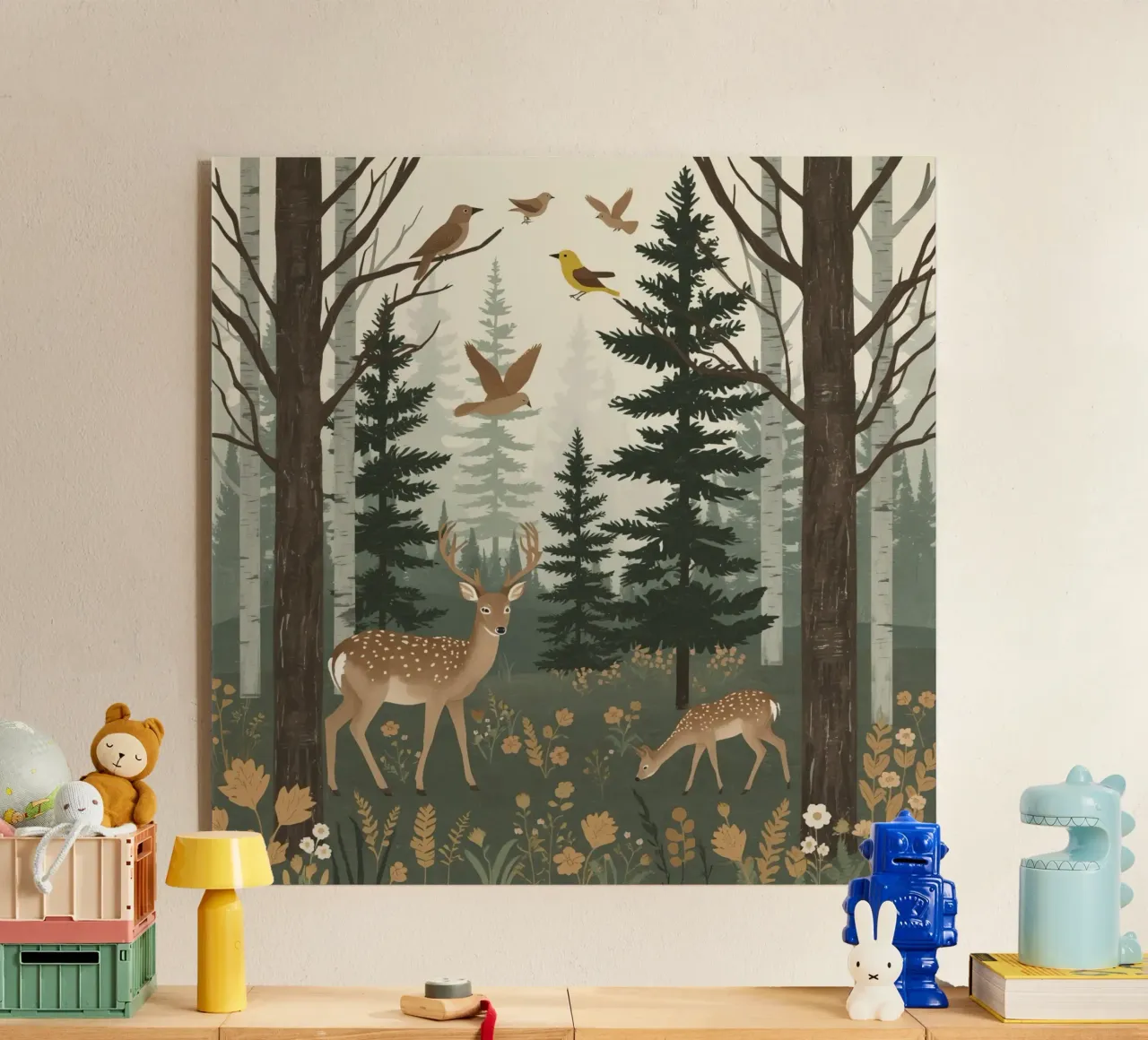 Raffigurazione di due cervi con uccelli in volo in una foresta plexiglass da DesignDoodle