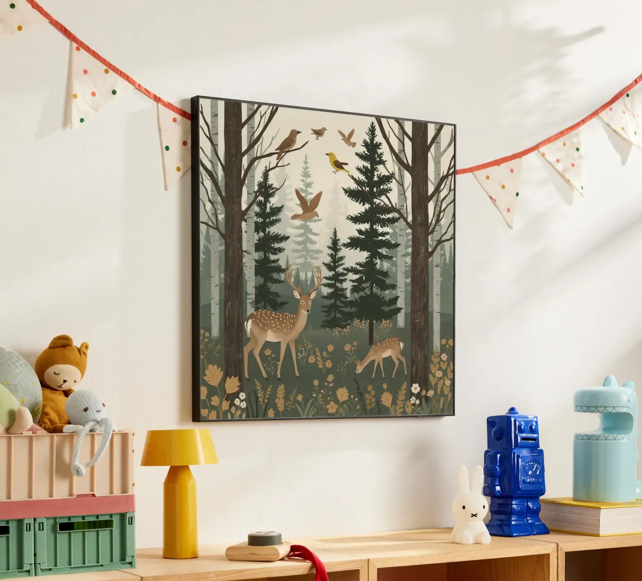 Raffigurazione di due cervi con uccelli in volo in una foresta alluminio dibond da DesignDoodle