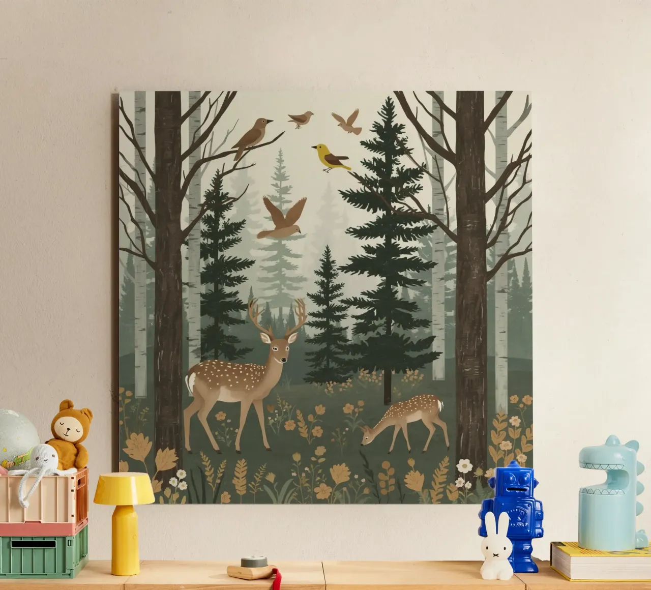 Raffigurazione di due cervi con uccelli in volo in una foresta alluminio dibond da DesignDoodle