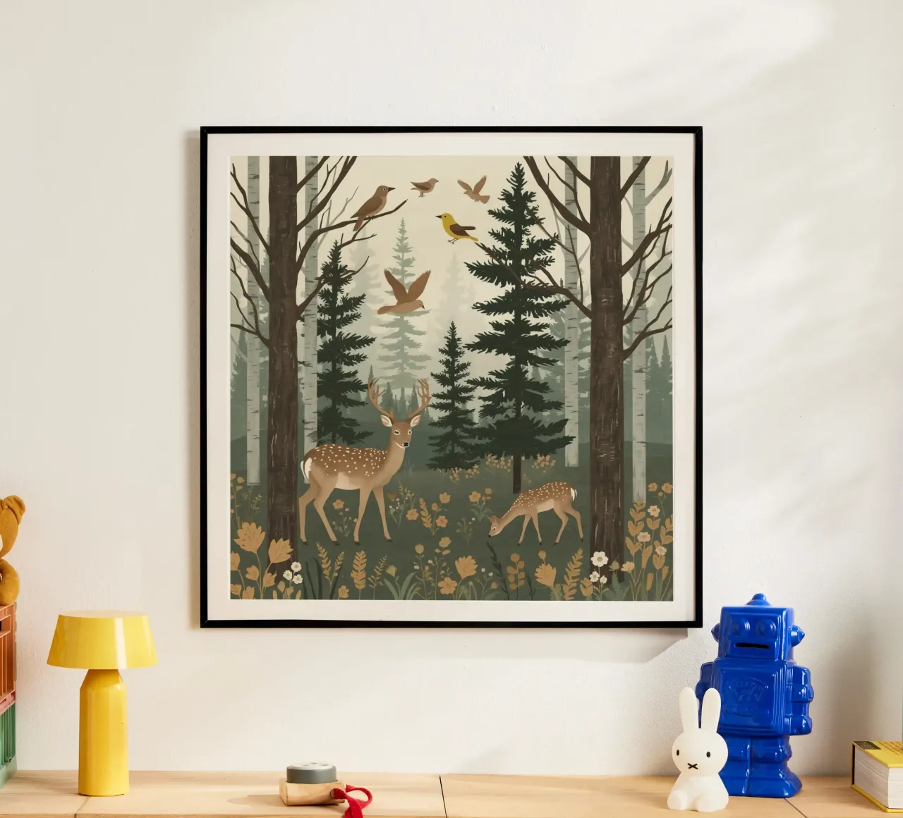 Raffigurazione di due cervi con uccelli in volo in una foresta poster da DesignDoodle
