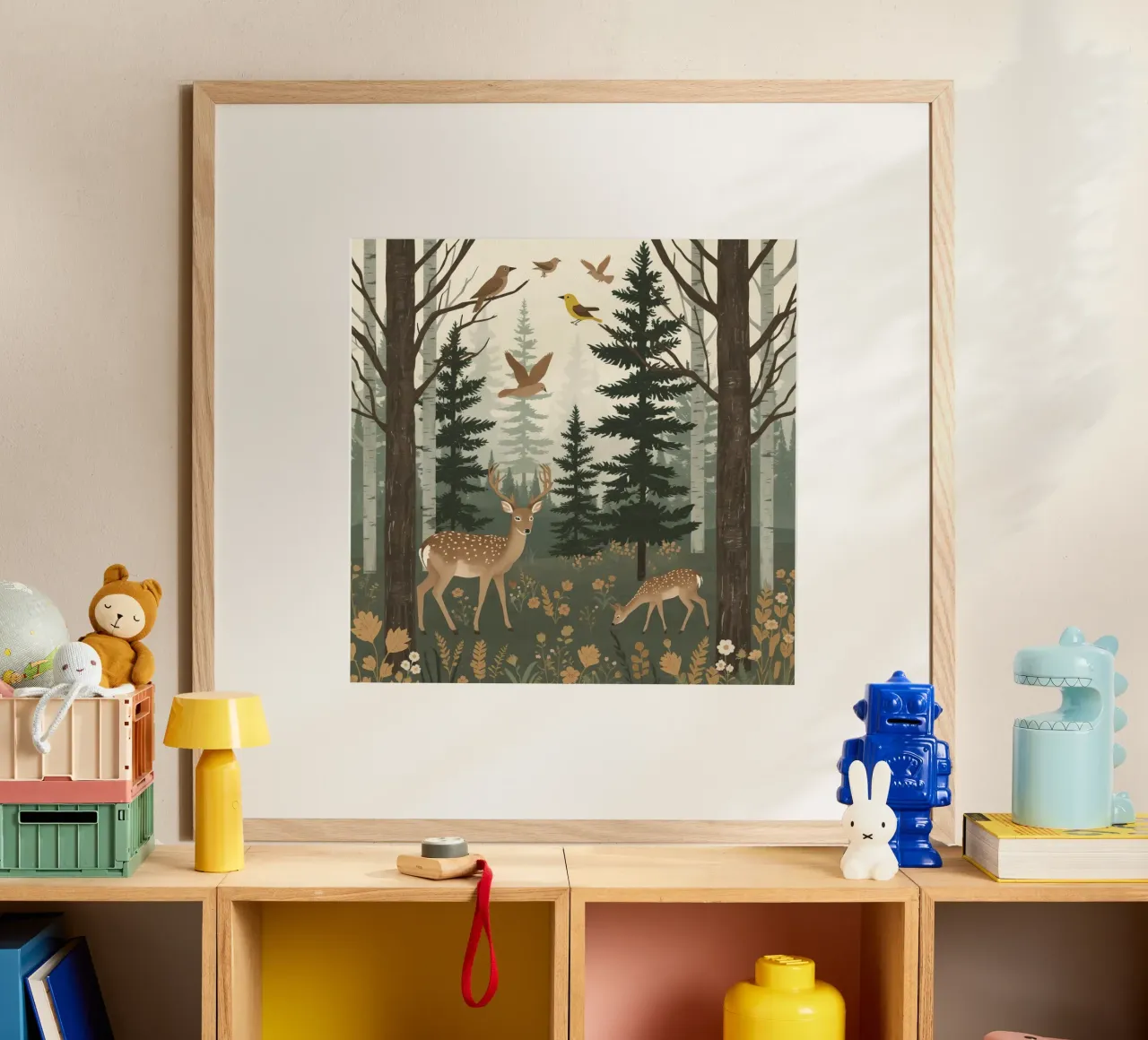 Raffigurazione di due cervi con uccelli in volo in una foresta carta hahnemühle da DesignDoodle