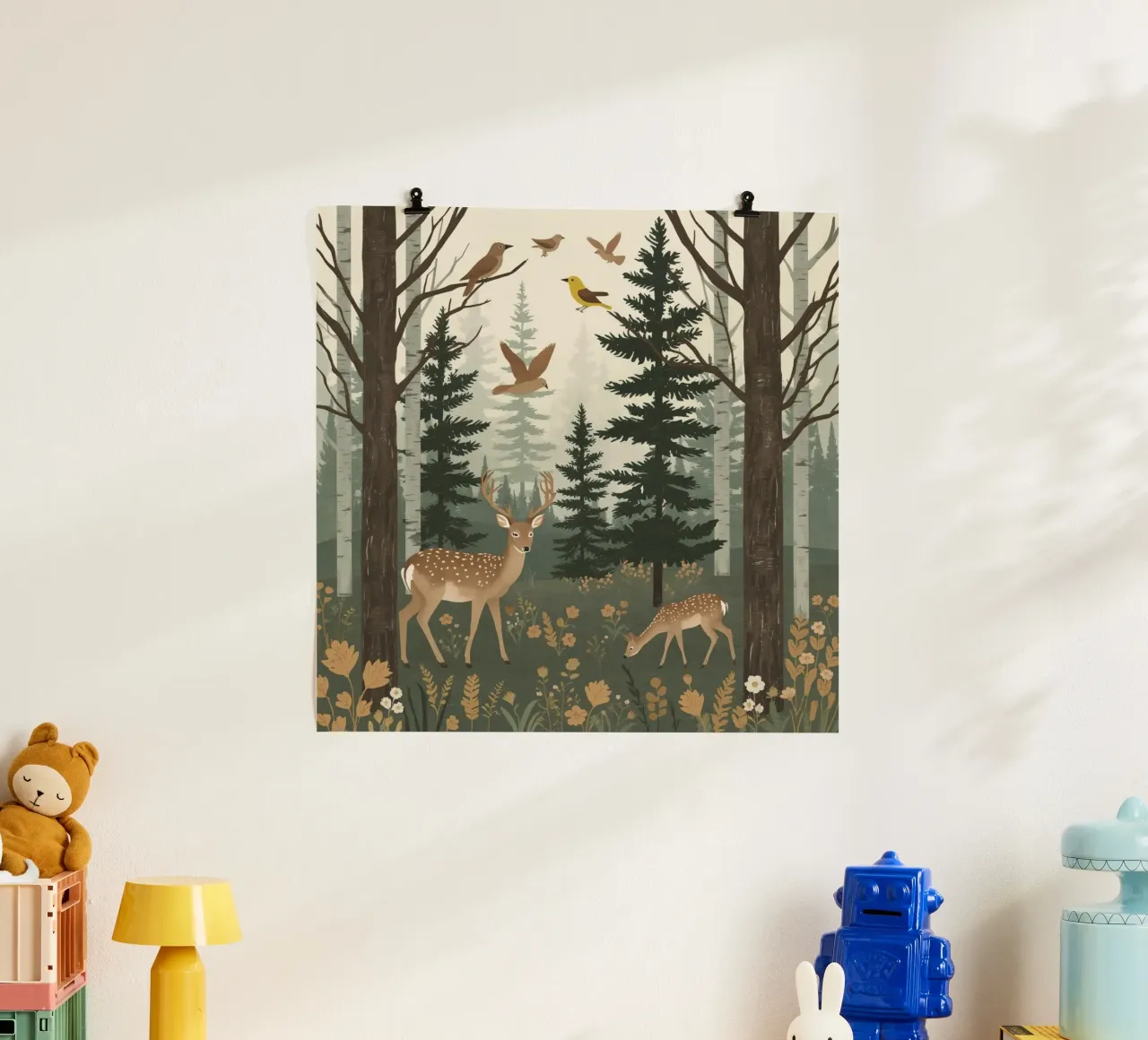 Raffigurazione di due cervi con uccelli in volo in una foresta carta hahnemühle da DesignDoodle