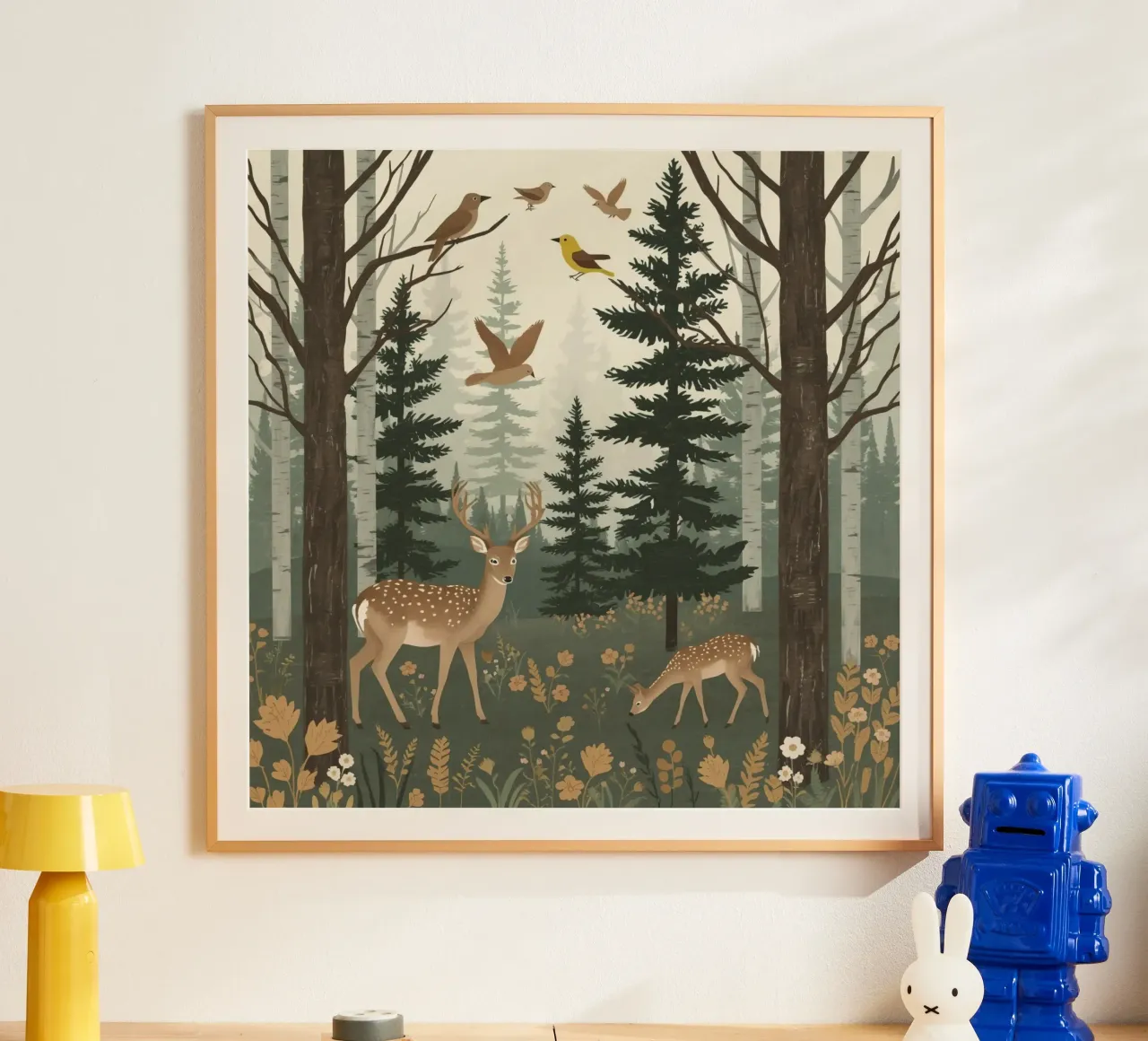 Raffigurazione di due cervi con uccelli in volo in una foresta carta hahnemühle da DesignDoodle