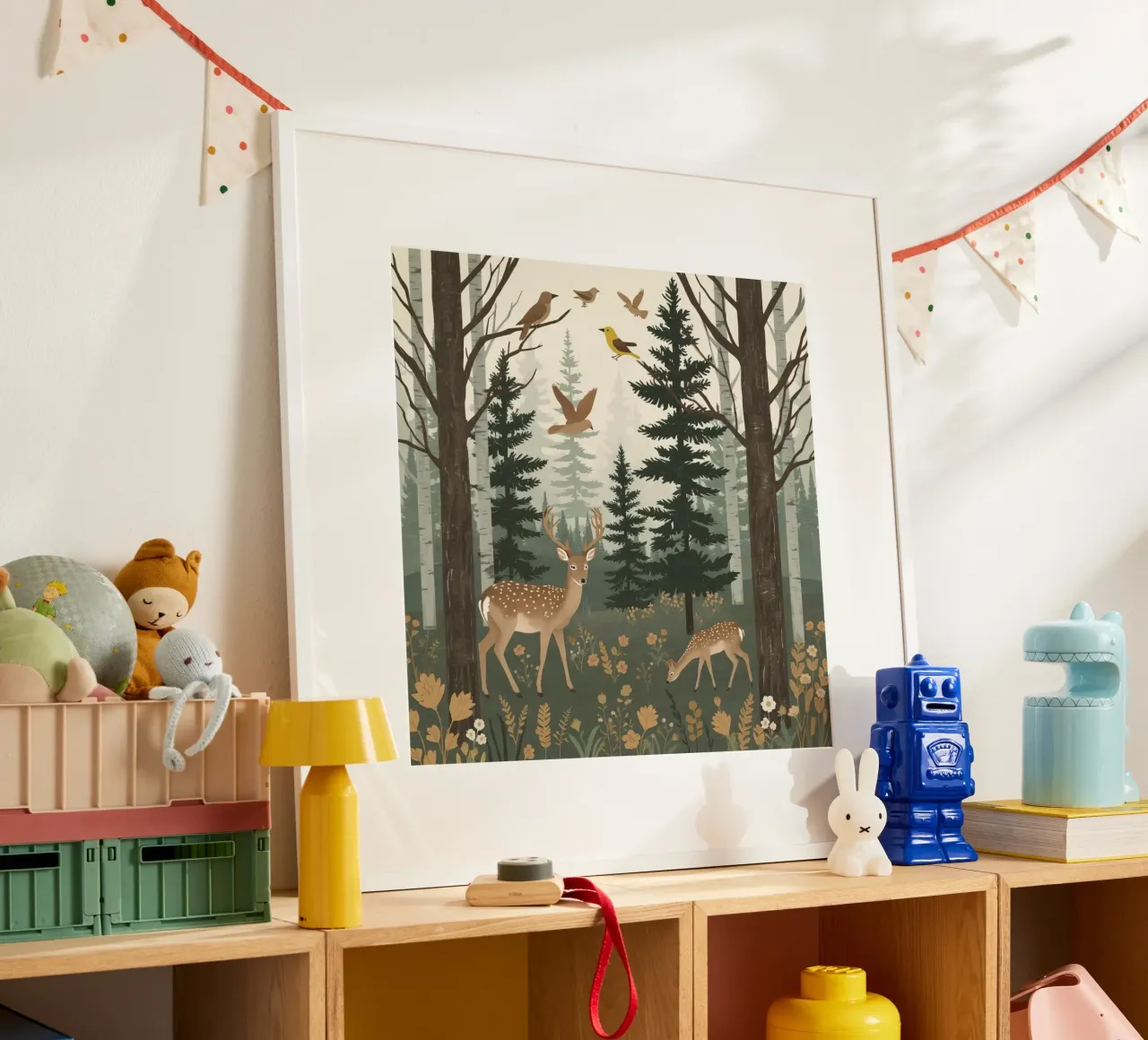 Raffigurazione di due cervi con uccelli in volo in una foresta carta hahnemühle da DesignDoodle