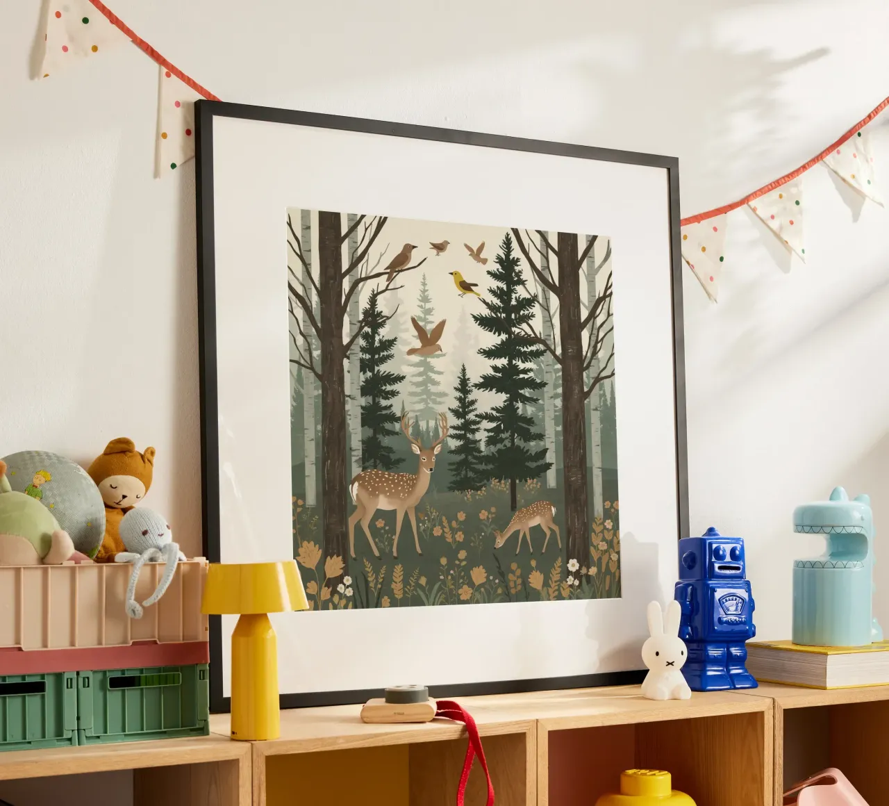 Raffigurazione di due cervi con uccelli in volo in una foresta carta hahnemühle da DesignDoodle