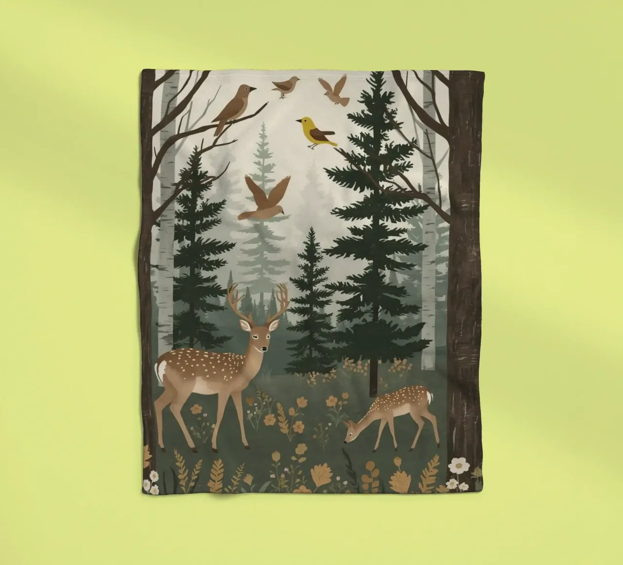 Raffigurazione di due cervi con uccelli in volo in una foresta coperta in pile da DesignDoodle