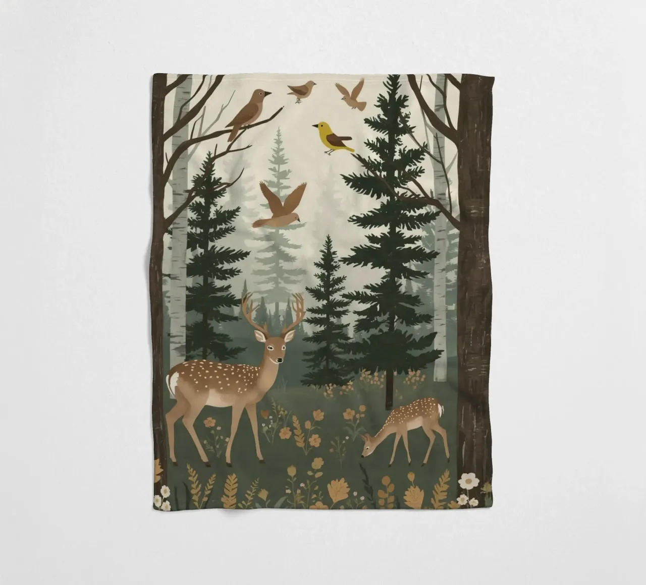 Raffigurazione di due cervi con uccelli in volo in una foresta coperta in pile da DesignDoodle