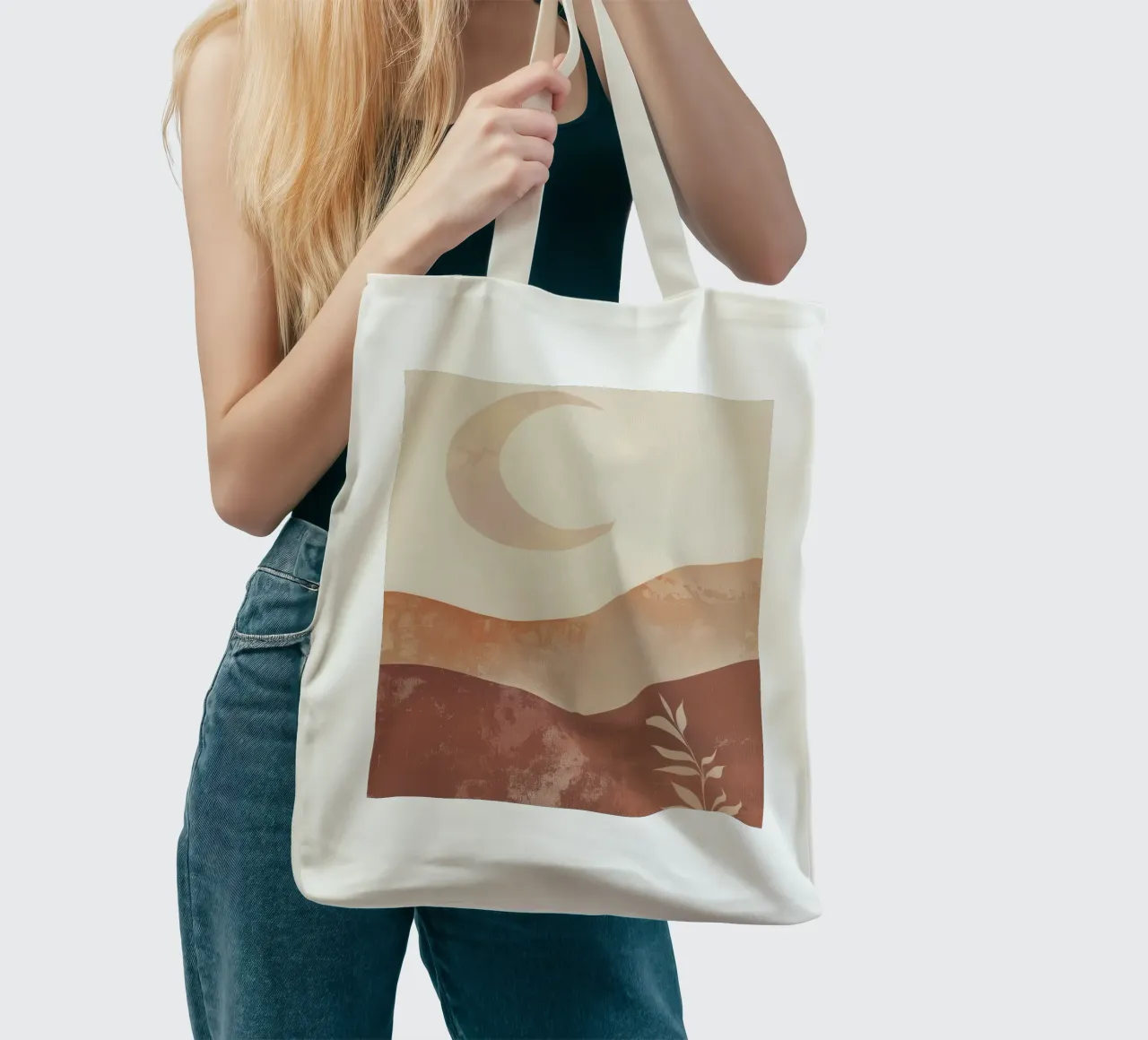 Boho Maan Herfst Aards Minimal Spiritueel Landschap Kunst jute draagtas van Gentle Echoes Art