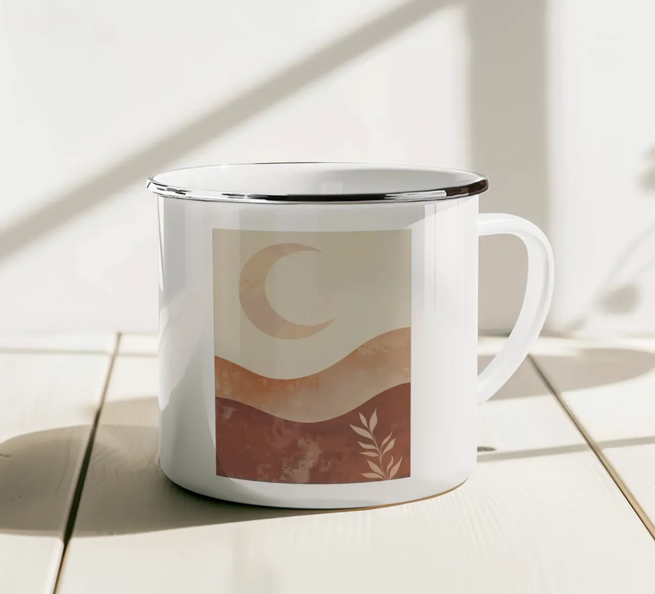 Boho Maan Herfst Aards Minimal Spiritueel Landschap Kunst emaille mok van Gentle Echoes Art