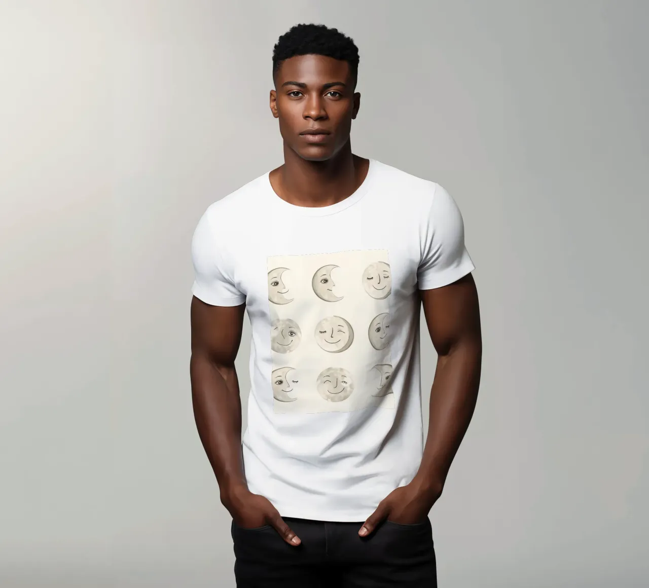 Smiling Moon Faces in Different Phases with Various faces t-shirt by DesignDoodle