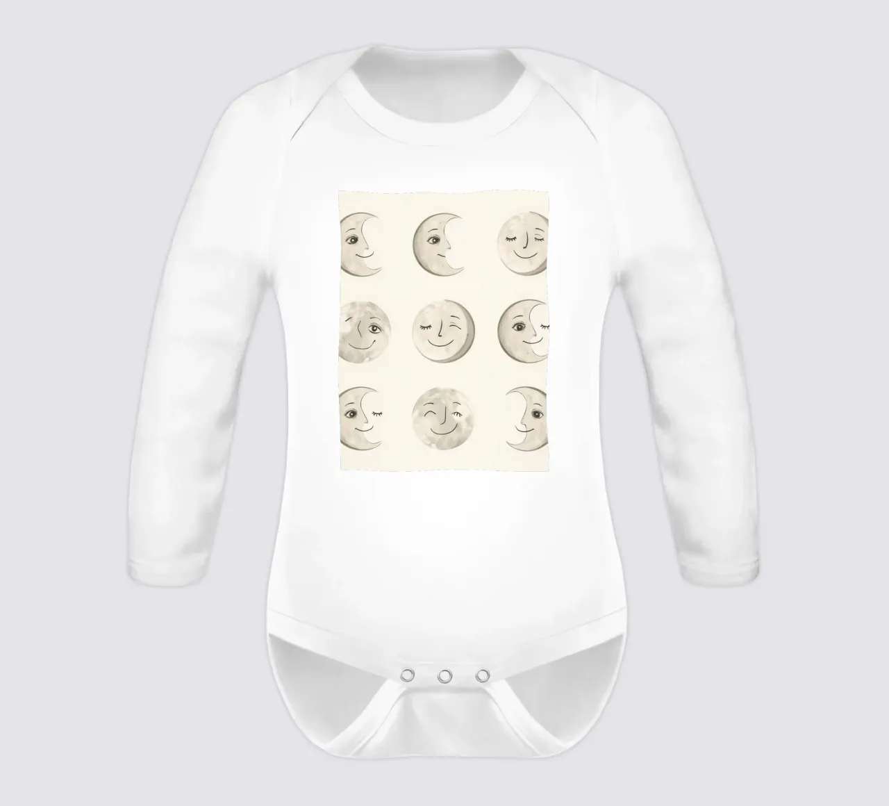 Smiling Moon Faces in Different Phases with Various faces long-sleeve baby romper by DesignDoodle