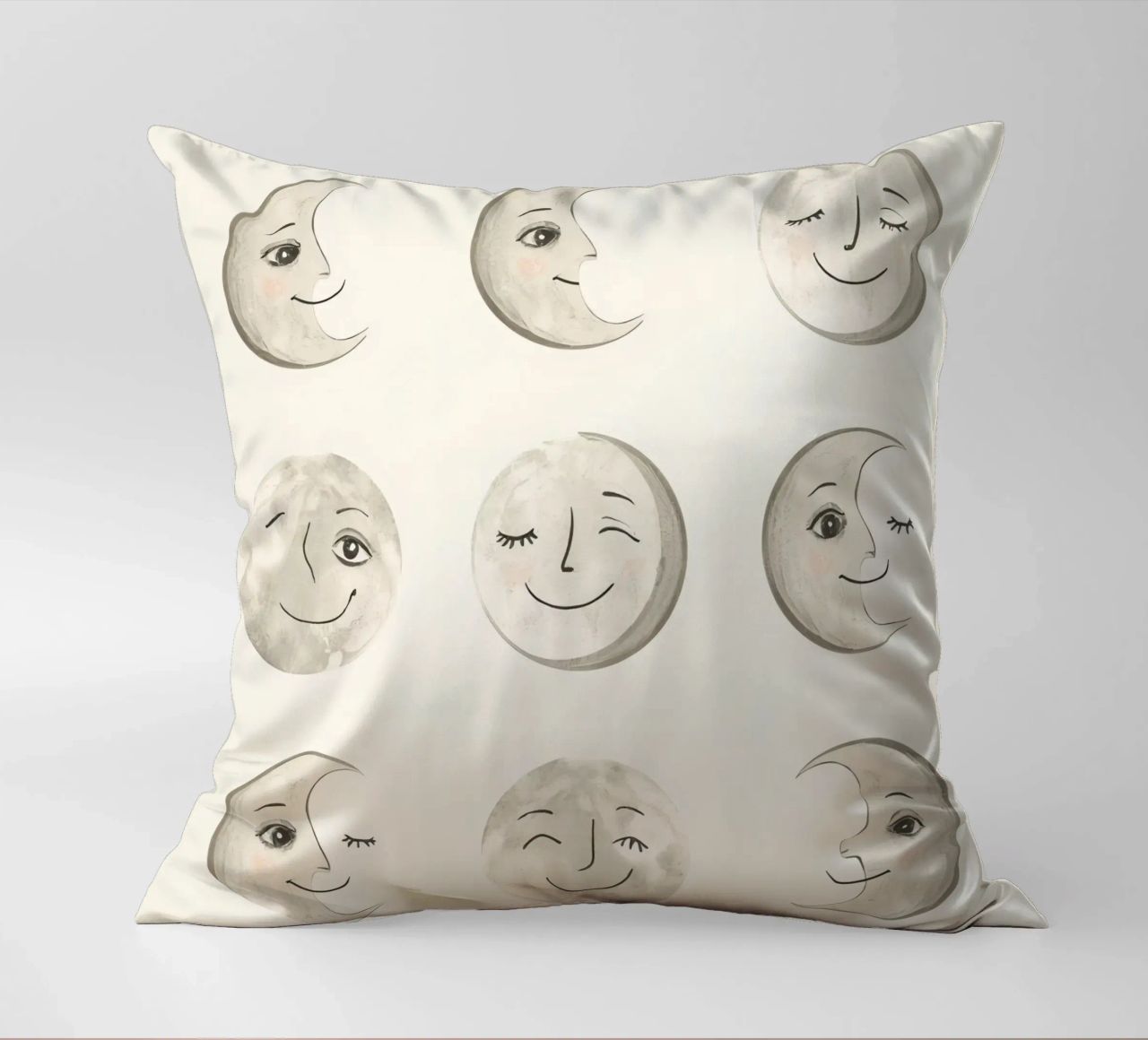 Smiling Moon Faces in Different Phases with Various faces decorative cushion by DesignDoodle