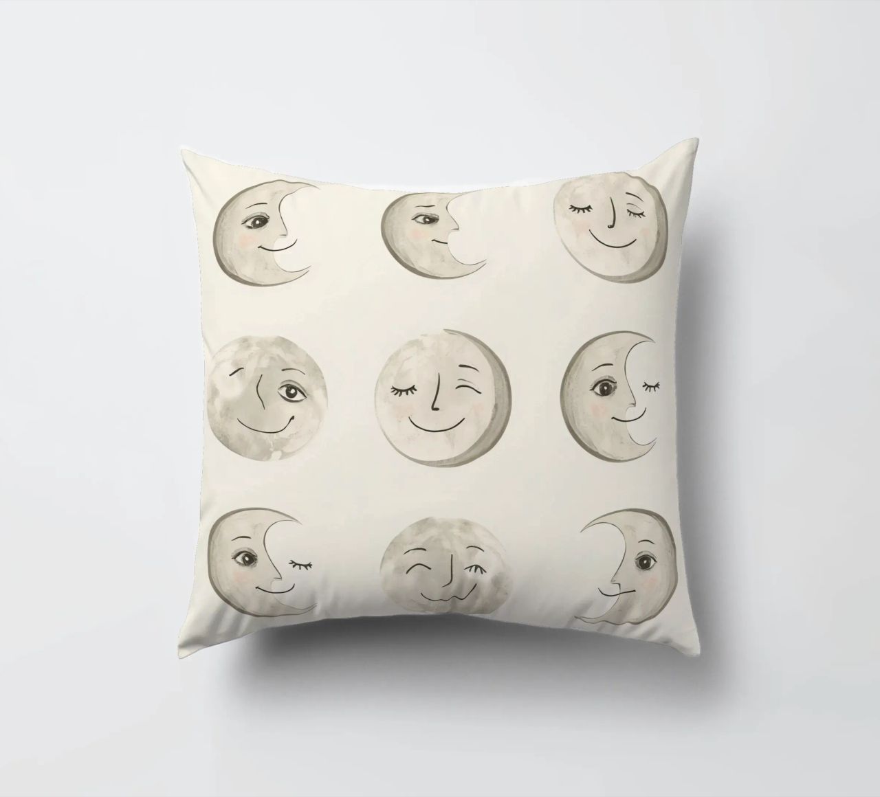 Smiling Moon Faces in Different Phases with Various faces decorative cushion by DesignDoodle