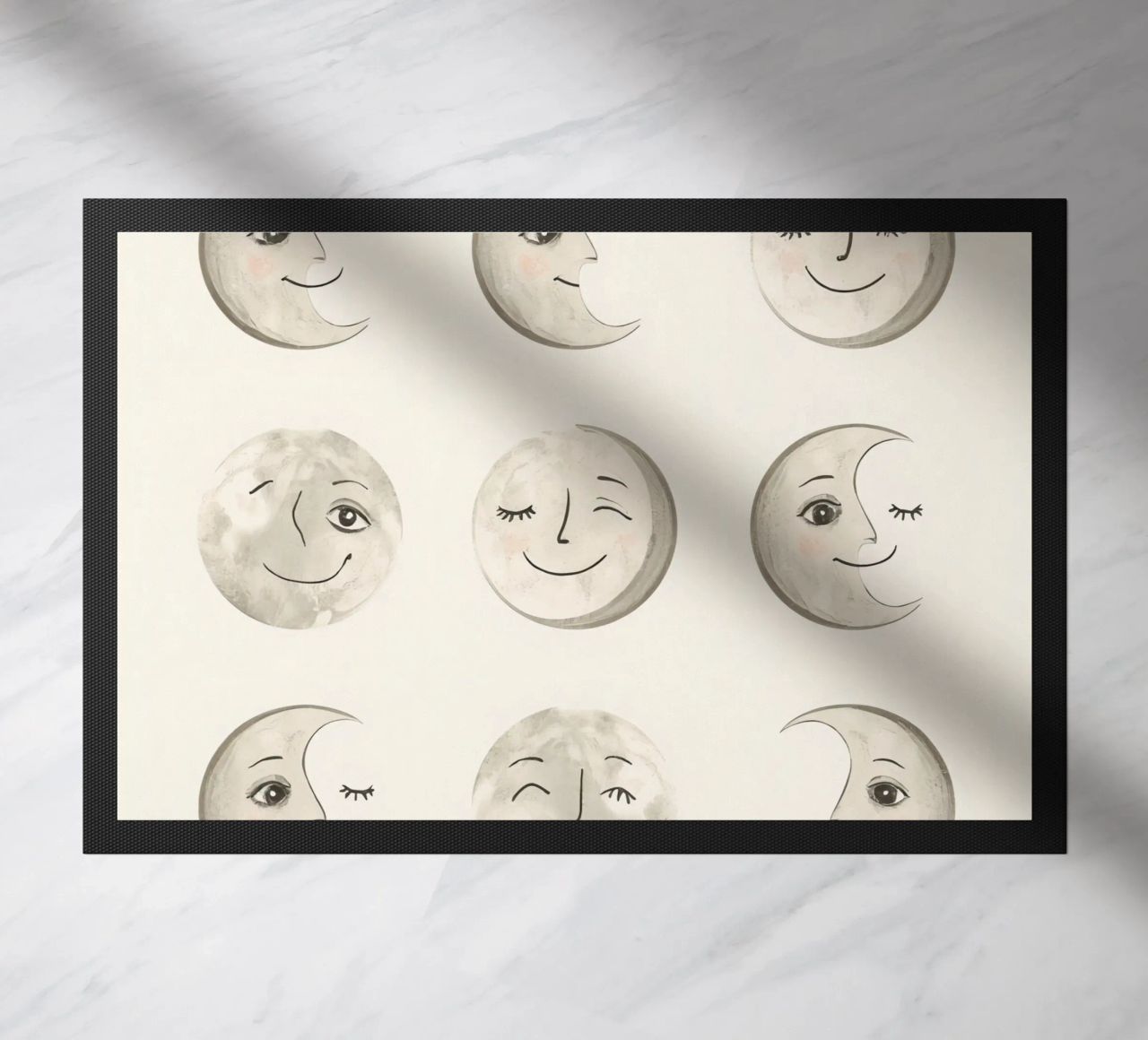 Smiling Moon Faces in Different Phases with Various faces doormat by DesignDoodle