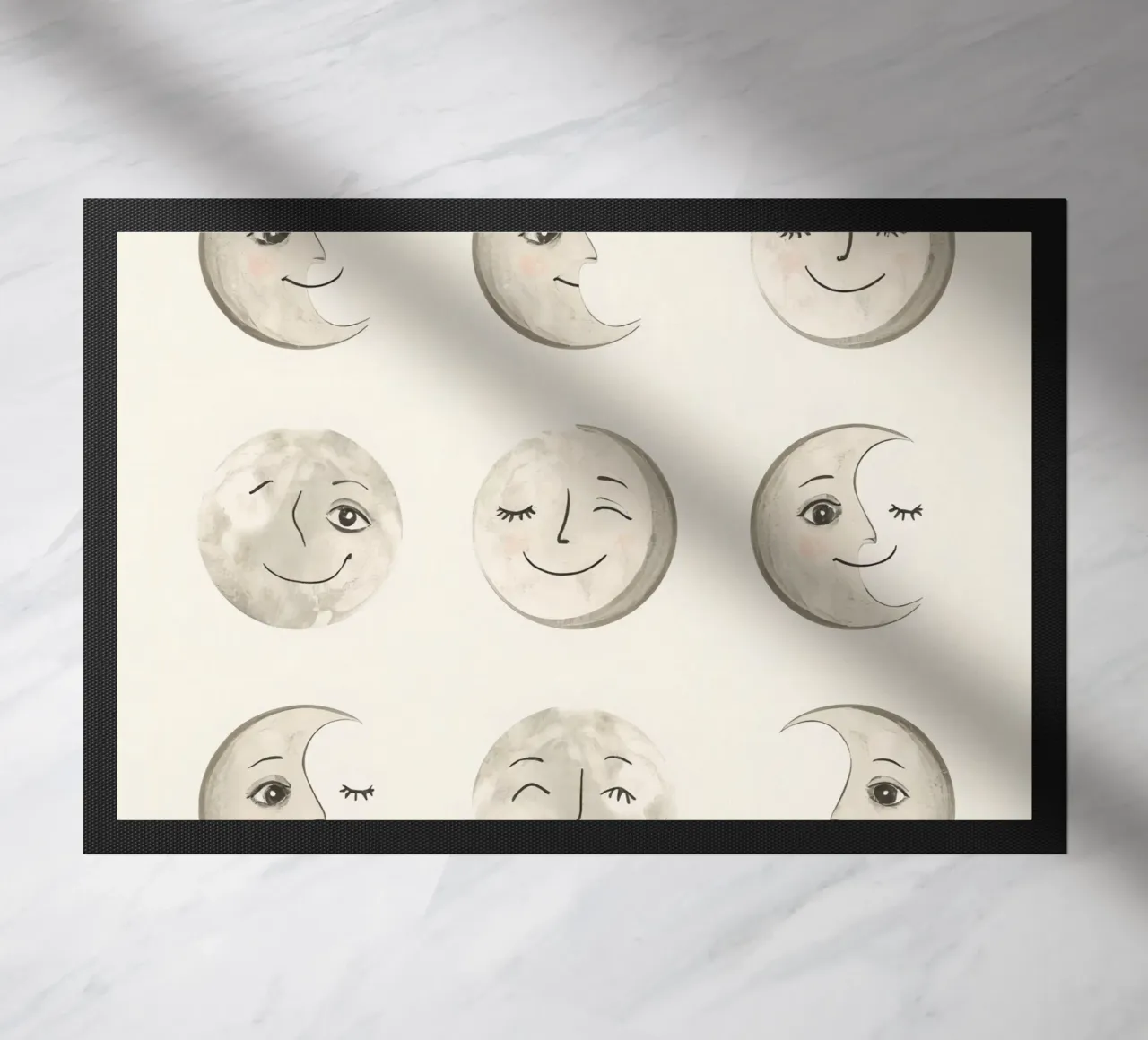 Smiling Moon Faces in Different Phases with Various faces doormat by DesignDoodle