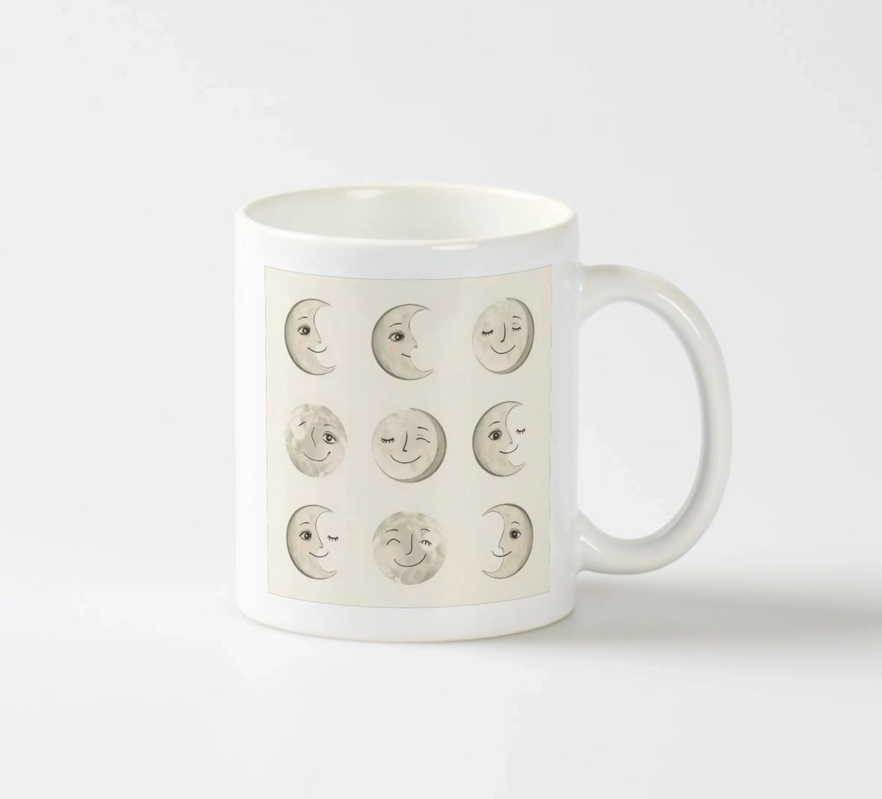 Smiling Moon Faces in Different Phases with Various faces ceramic mug by DesignDoodle