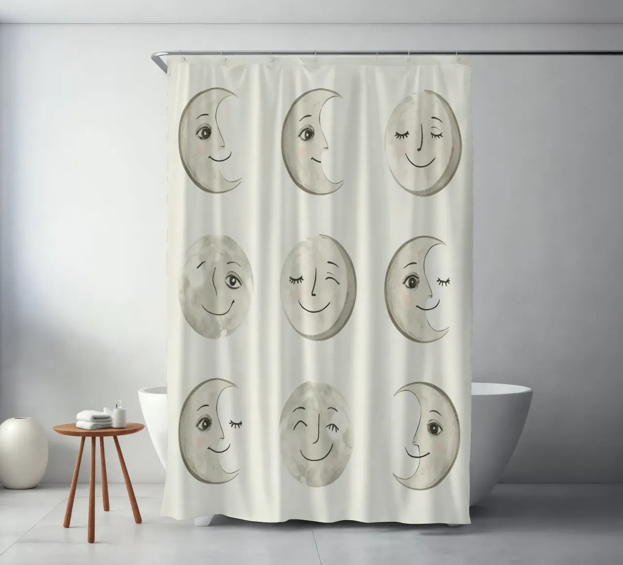 Smiling Moon Faces in Different Phases with Various faces shower curtain by DesignDoodle