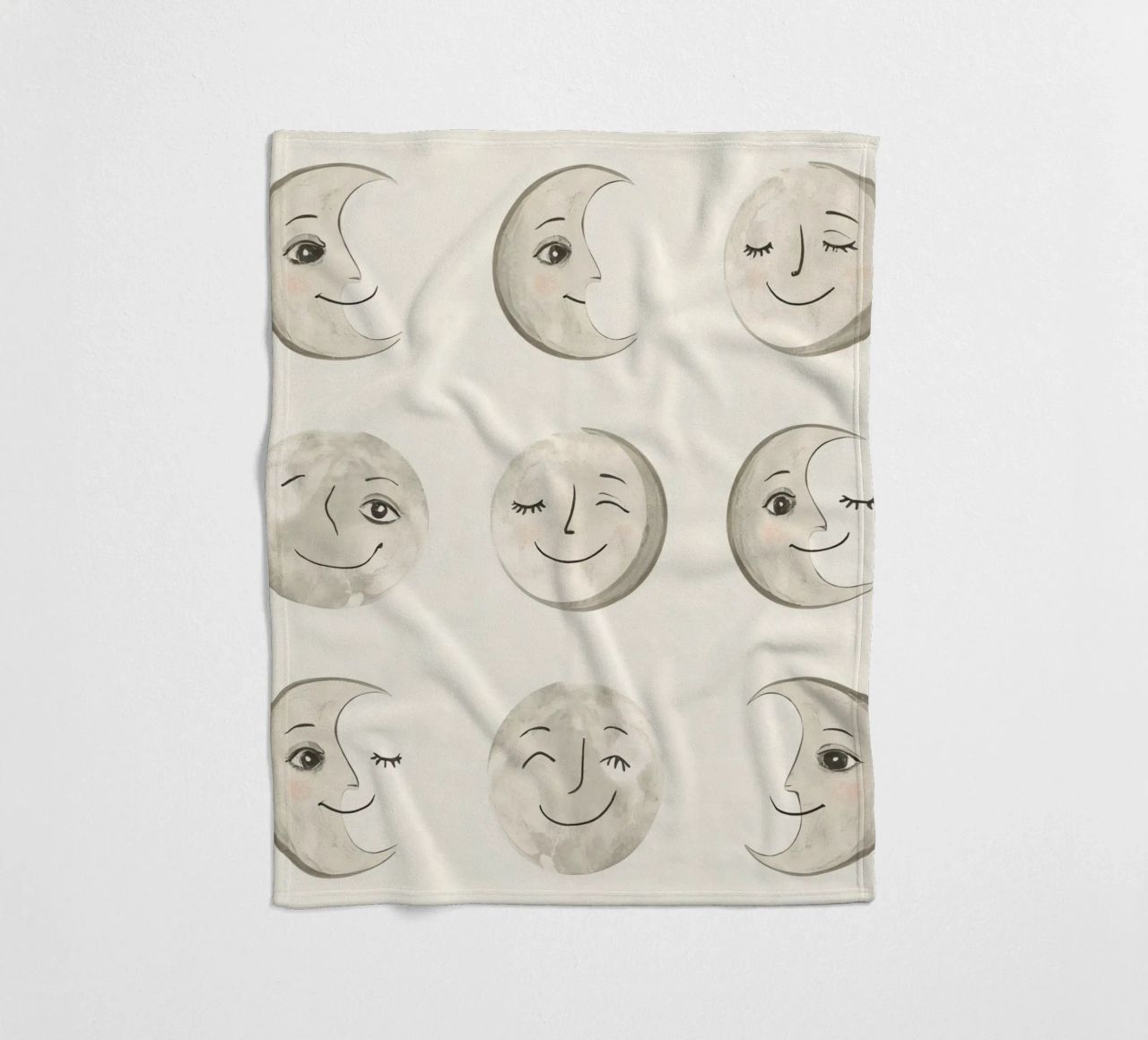 Smiling Moon Faces in Different Phases with Various faces fleece blanket by DesignDoodle