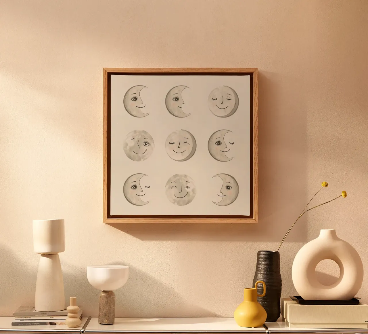 Smiling Moon Faces in Different Phases with Various faces canvas by DesignDoodle