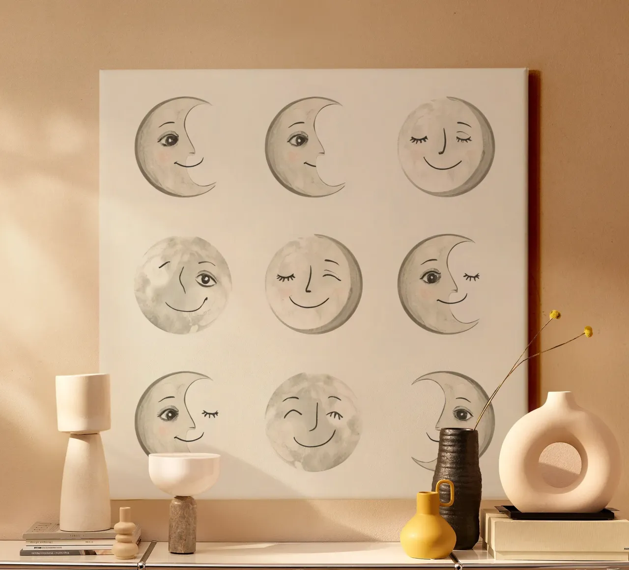 Smiling Moon Faces in Different Phases with Various faces canvas by DesignDoodle