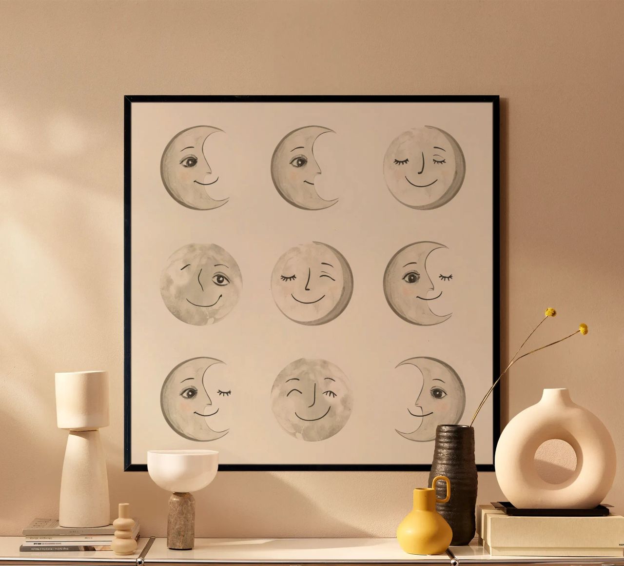 Lächelnde Mondgesichter in verschiedenen Phasen mit verschiedenen Gesichtern Poster von DesignDoodle