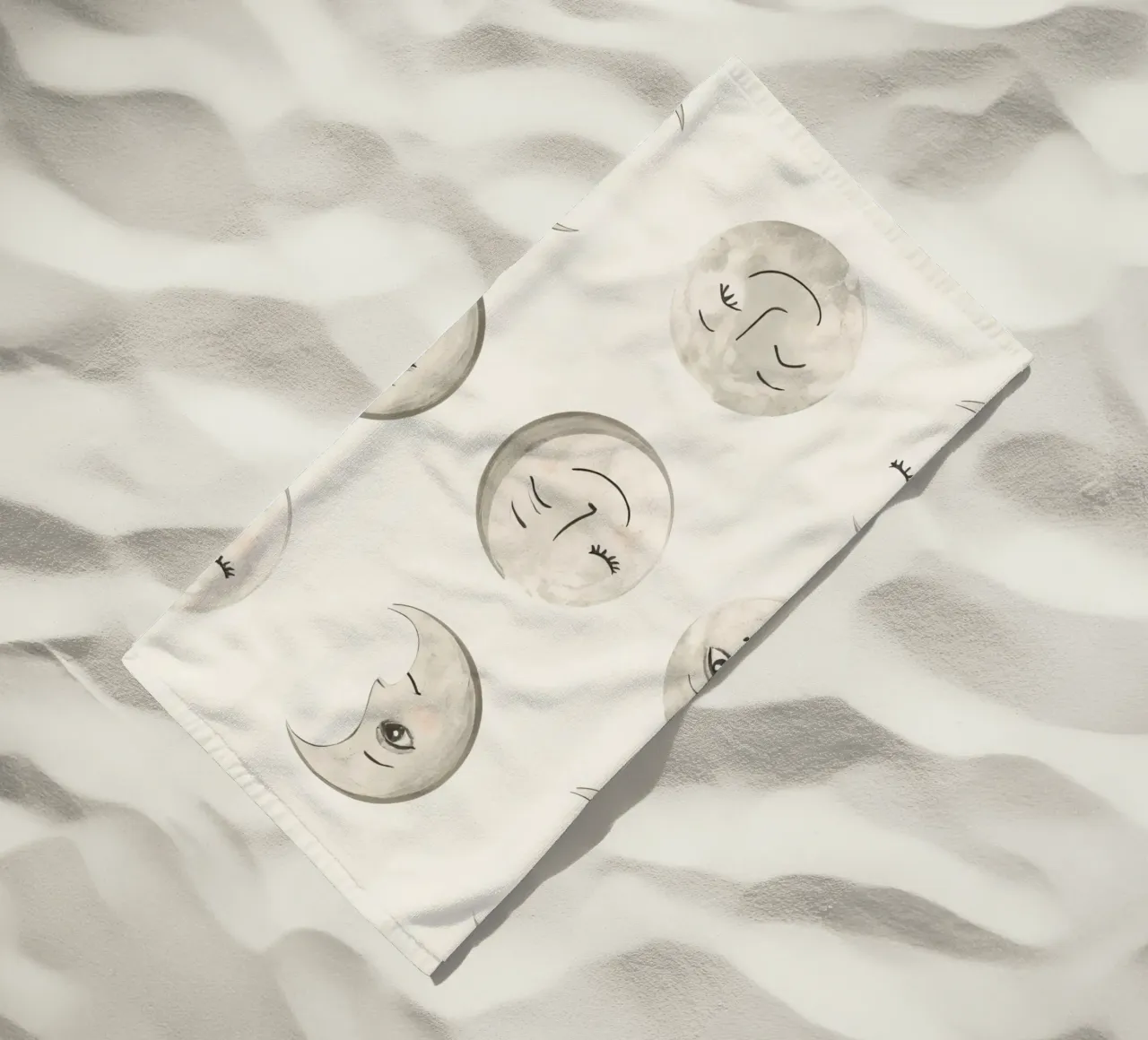 Smiling Moon Faces in Different Phases with Various faces beach towel by DesignDoodle