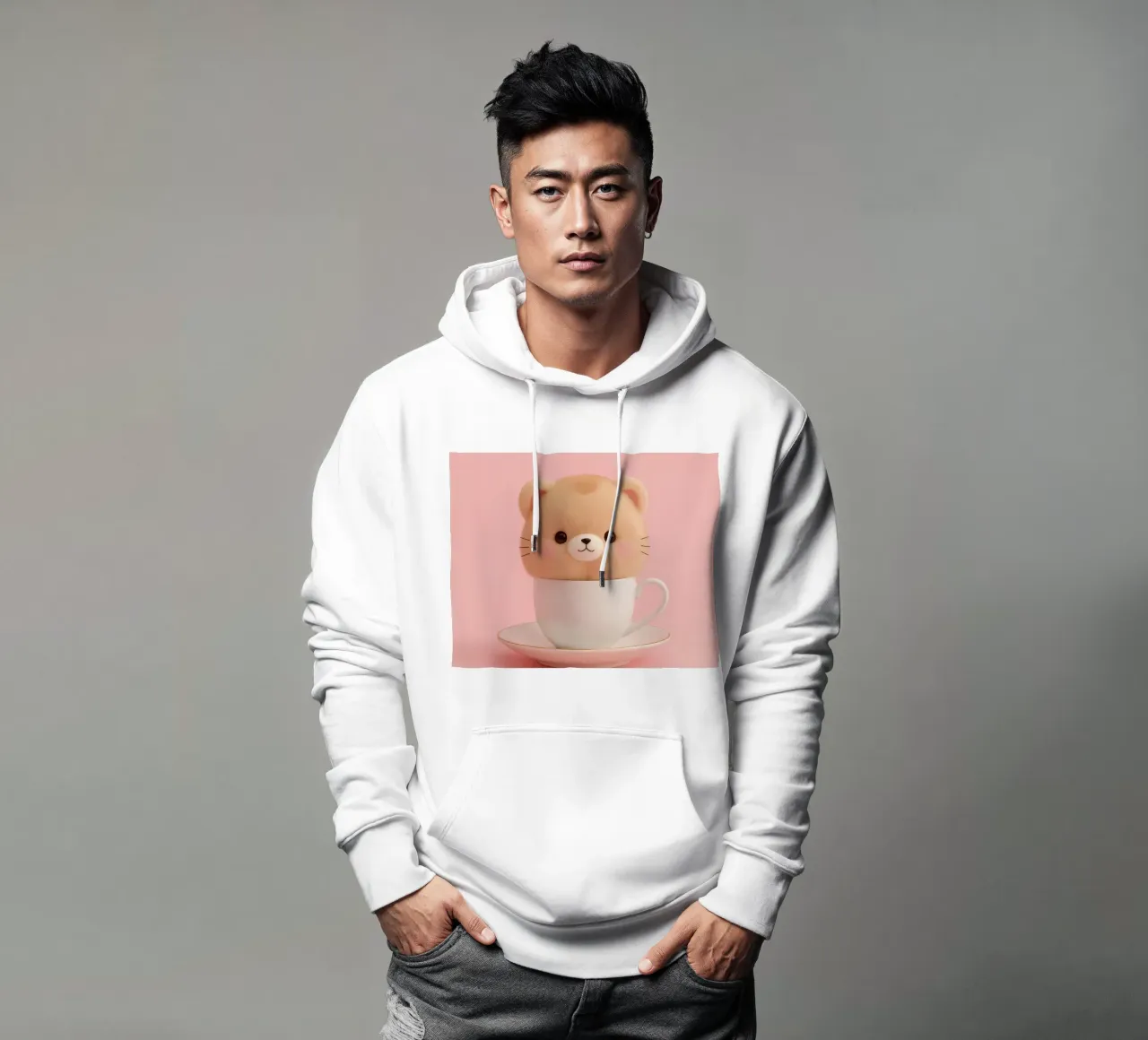 Un simpatico orsetto di peluche si trova all'interno di una tazza da tè bianca su un supporto coordinato. felpa con cappuccio da DesignDoodle
