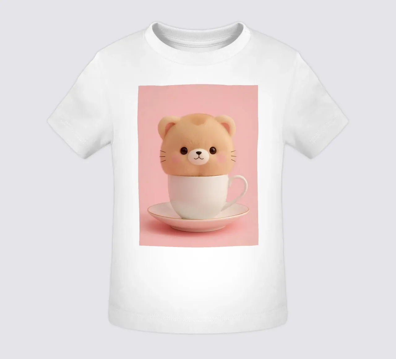 Cute bear plush sits inside a white teacup on a matching sau baby t-shirt by DesignDoodle
