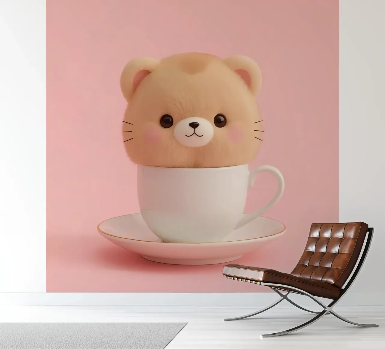 Cute bear plush sits inside a white teacup on a matching sau photo wallpaper by DesignDoodle