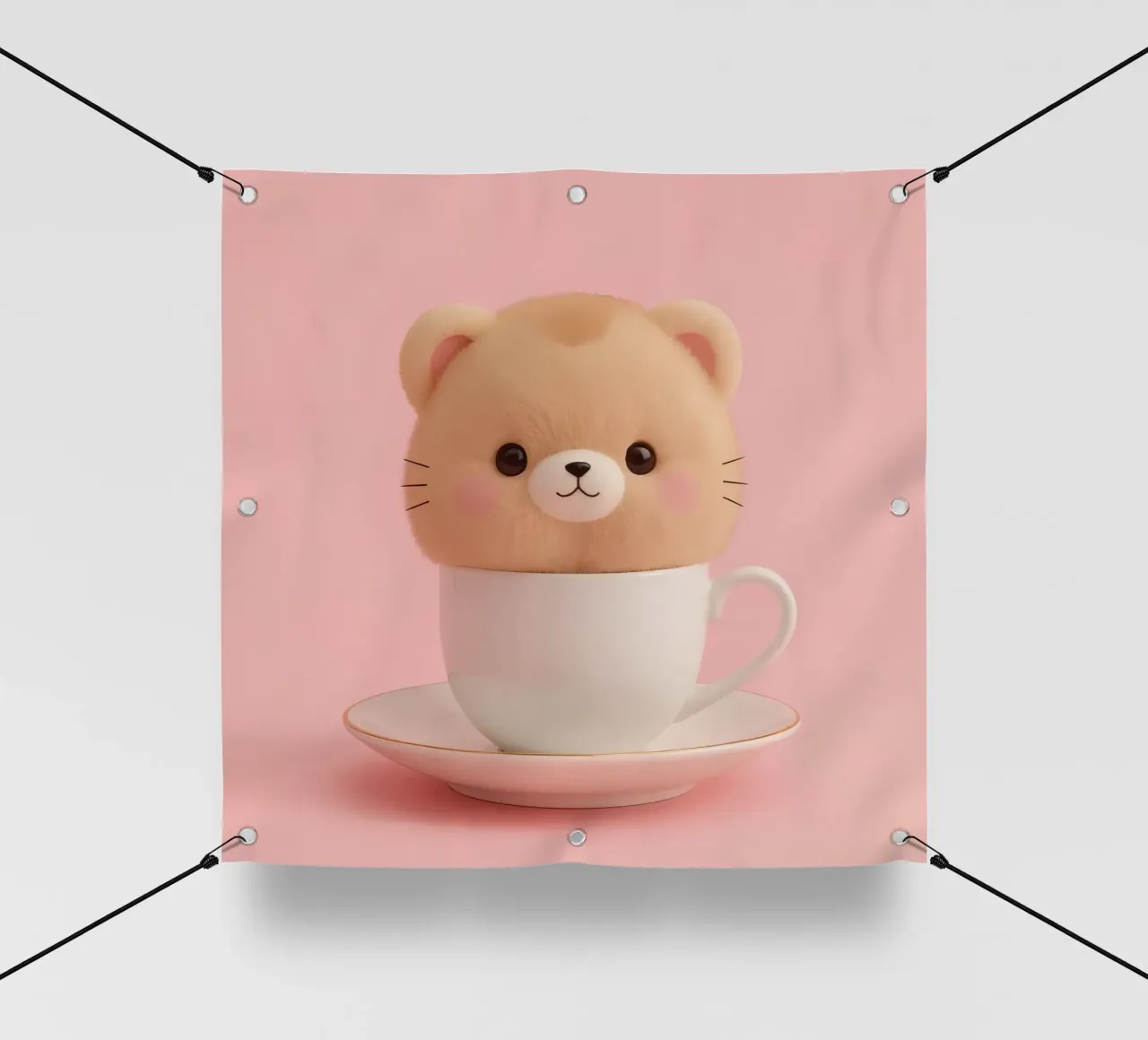 Un simpatico orsetto di peluche si trova all'interno di una tazza da tè bianca su un supporto coordinato. telo in pvc da DesignDoodle