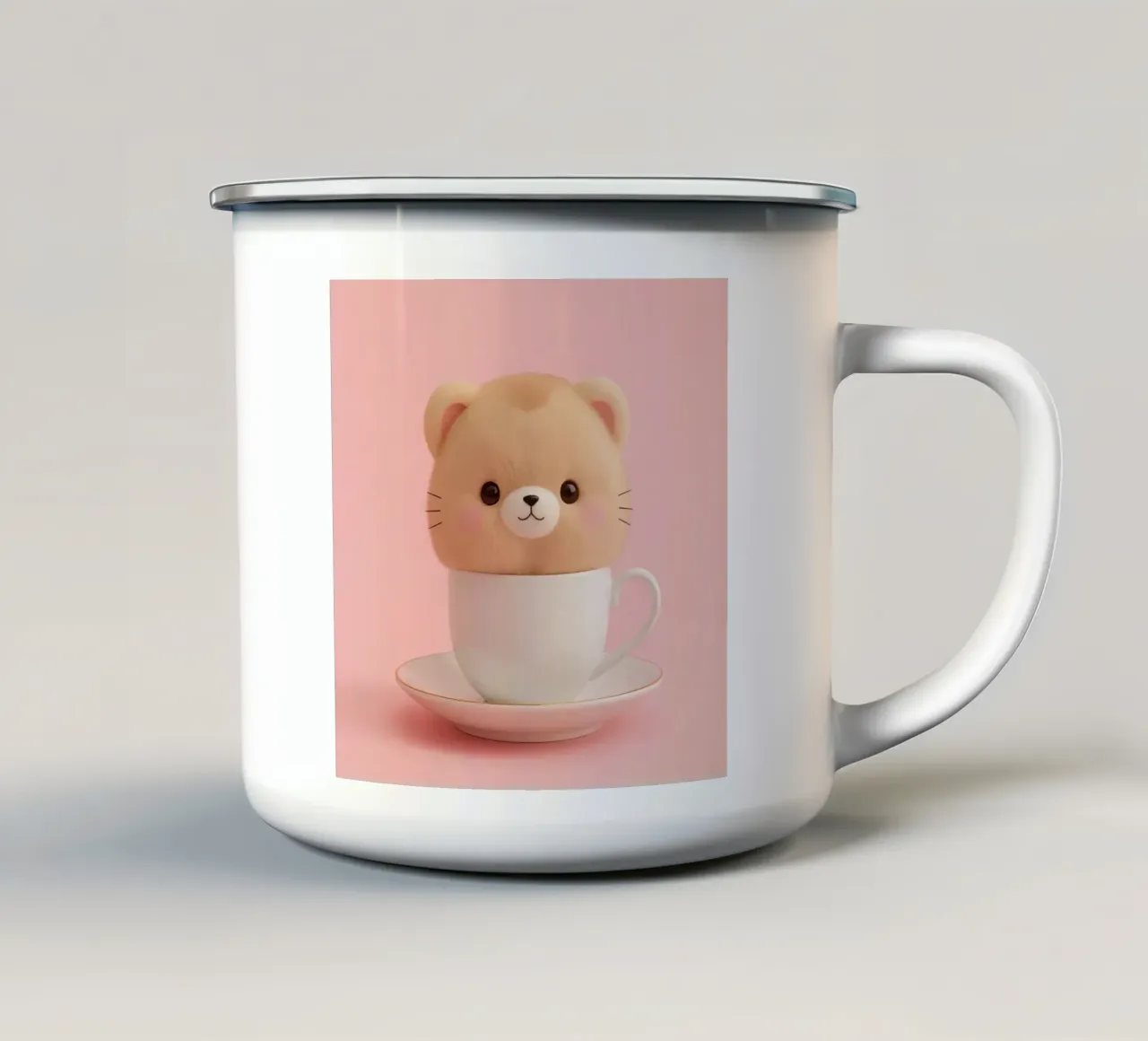 Un simpatico orsetto di peluche si trova all'interno di una tazza da tè bianca su un supporto coordinato. tazza in smalto da DesignDoodle