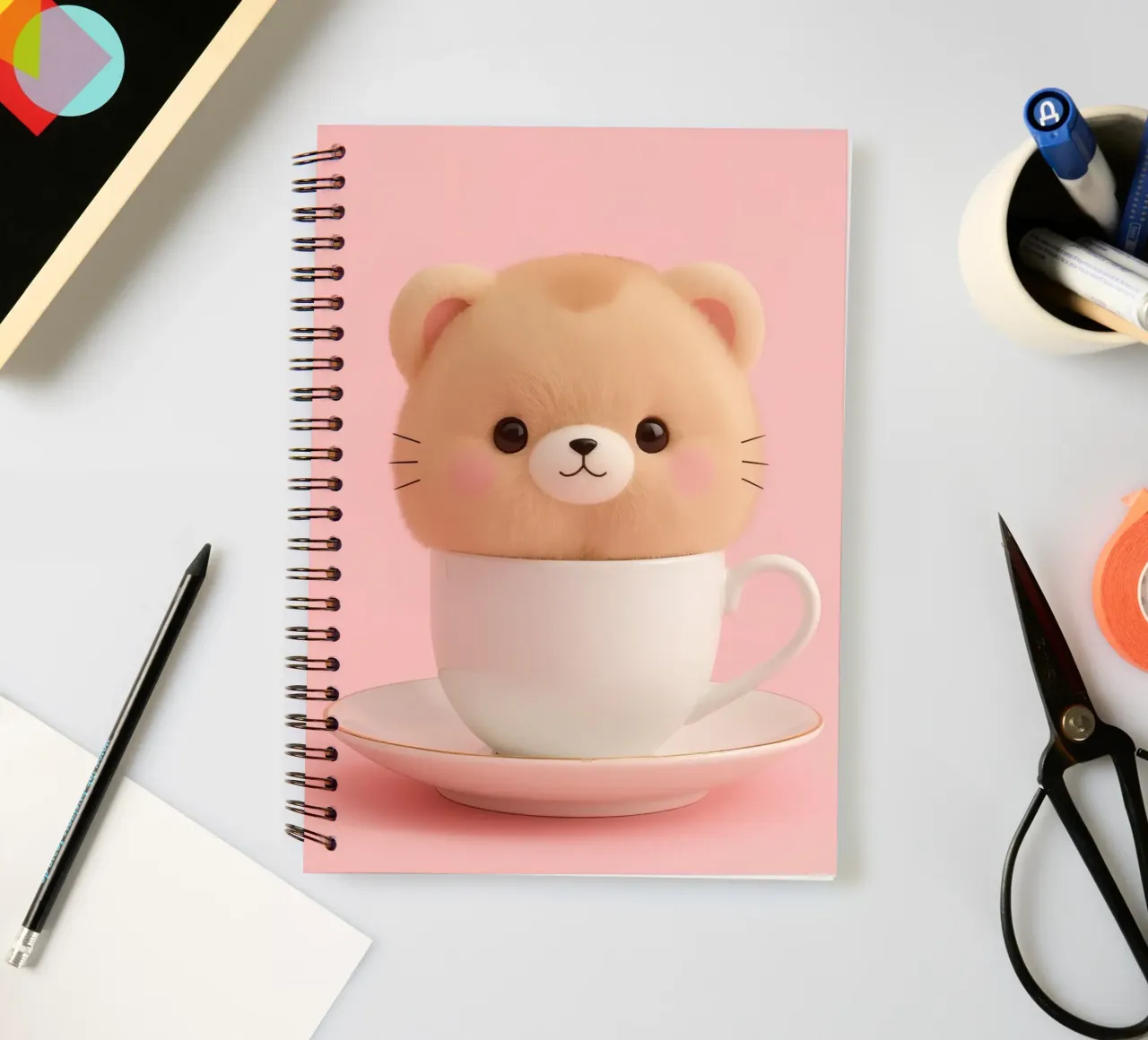 Der niedliche Plüschbär sitzt in einer weißen Teetasse auf einer passenden Sau Ringbuch von DesignDoodle
