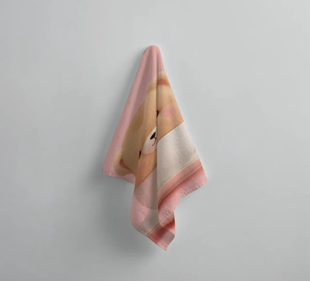 Cute bear plush sits inside a white teacup on a matching sau towel by DesignDoodle