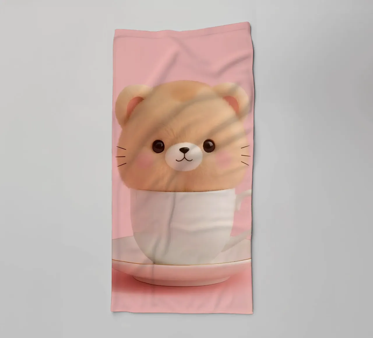 Cute bear plush sits inside a white teacup on a matching sau towel by DesignDoodle